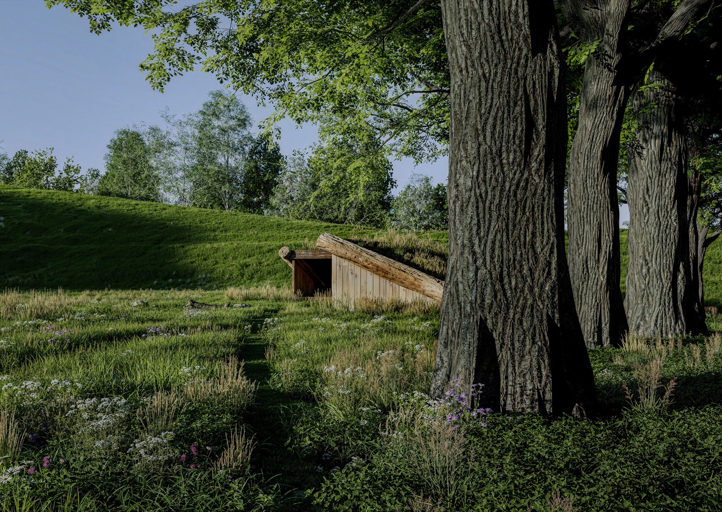 atmospheric landscape render of Havnsø Climate Park, land art shaped from surplus soil